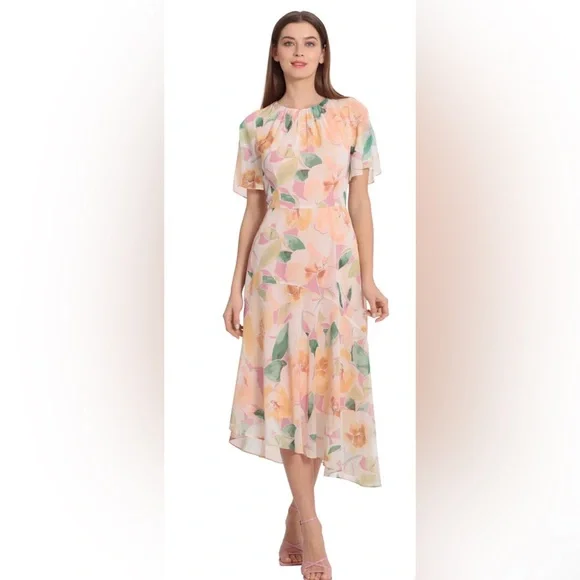 Maggy London Floral Asymmetric Hem Short Flutter Sleeve Midi Dress NWT Size 14W - Picture 2 of 9